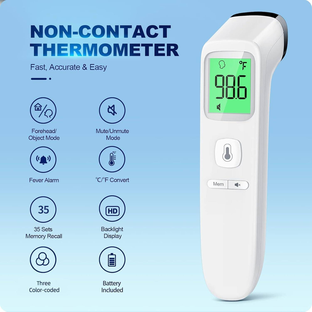 Thermometer for Adults and Kids Digital Forehead Thermometer with Fever Alarm Silent Mode & 35-Set Memory Object 2 in 1 Mode