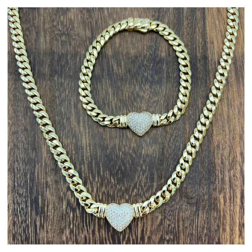 14K Gold Plated Cz Heart Cuban Choker Chain Necklace And Bracelet Set
