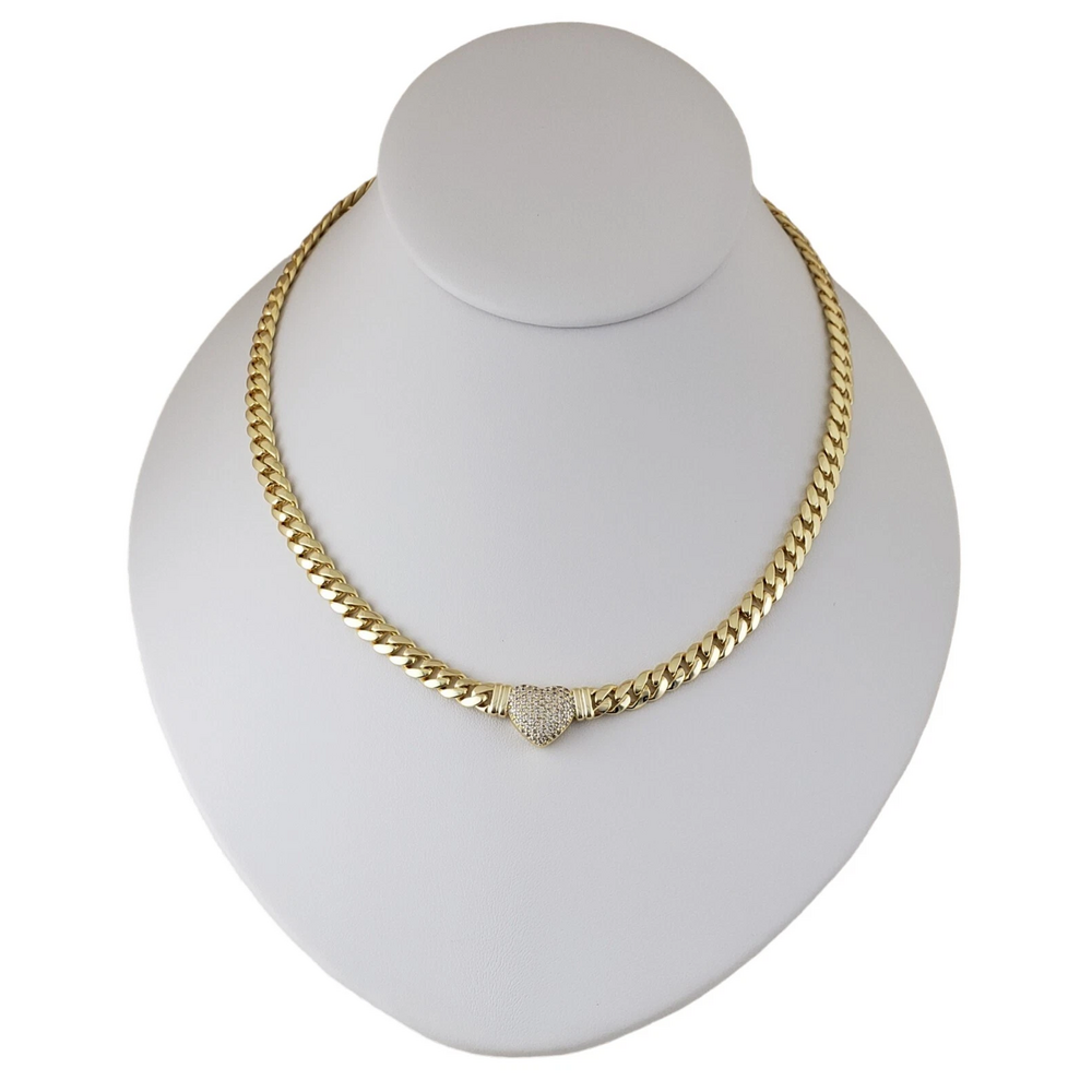 14K Gold Plated Cz Heart Cuban Choker Chain Necklace And Bracelet Set
