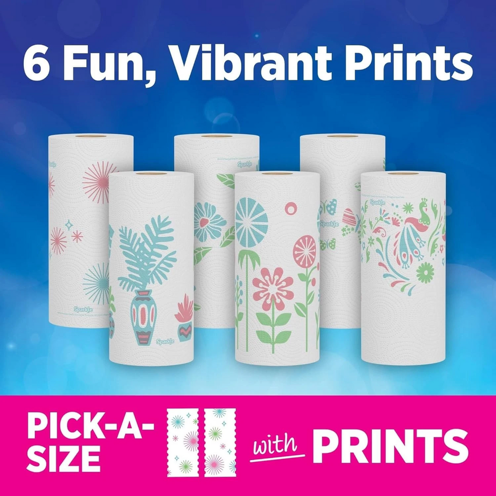 Sparkle Pick A Size Paper Towels Spirited Prints 6 Double Rolls, 12 Regular