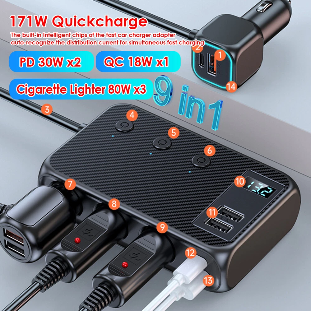 9in1 Car Charger Cigarette Lighter Splitter Adapter Fast USBC Socket QC PD 30W