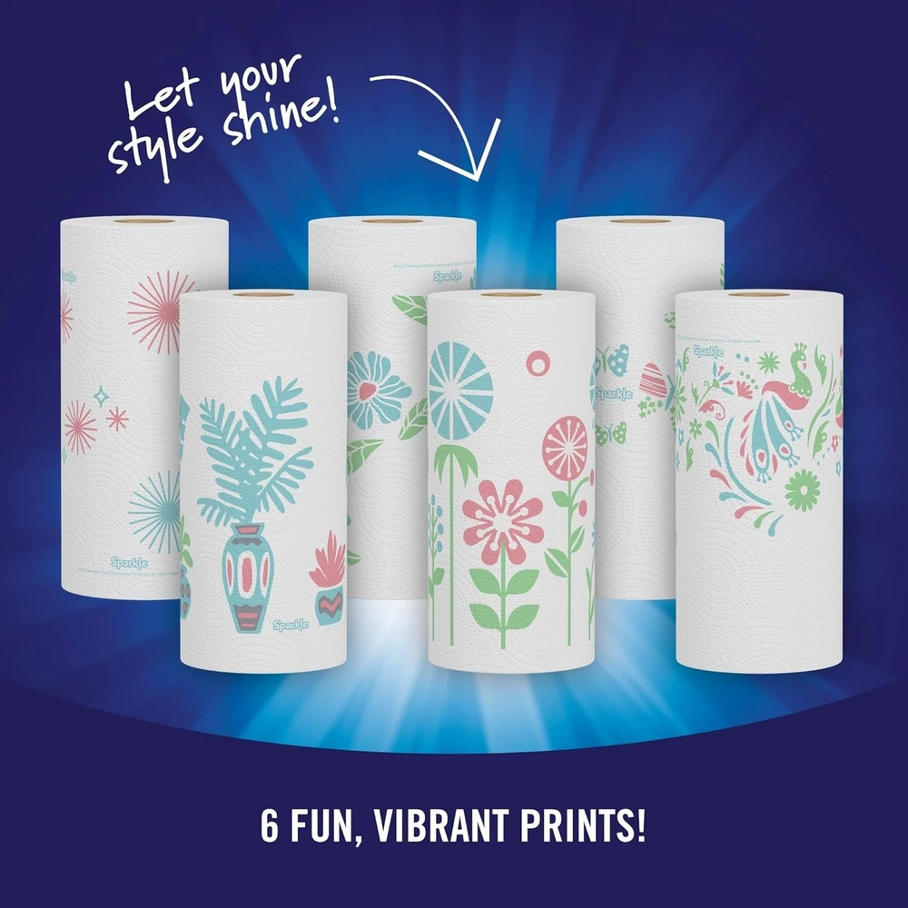 Sparkle Pick A Size Paper Towels Spirited Prints 6 Double Rolls, 12 Regular