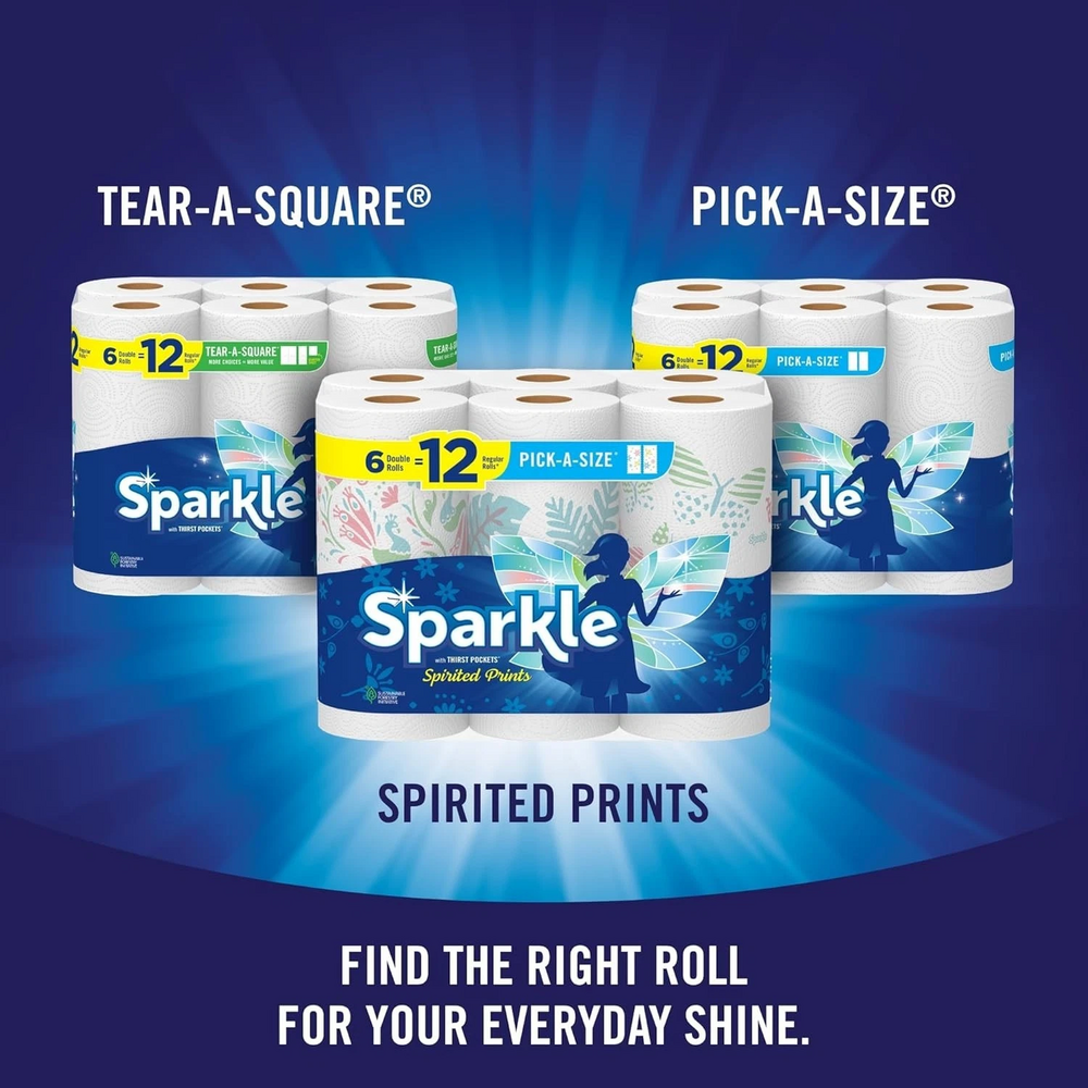 Sparkle Pick A Size Paper Towels Spirited Prints 6 Double Rolls, 12 Regular
