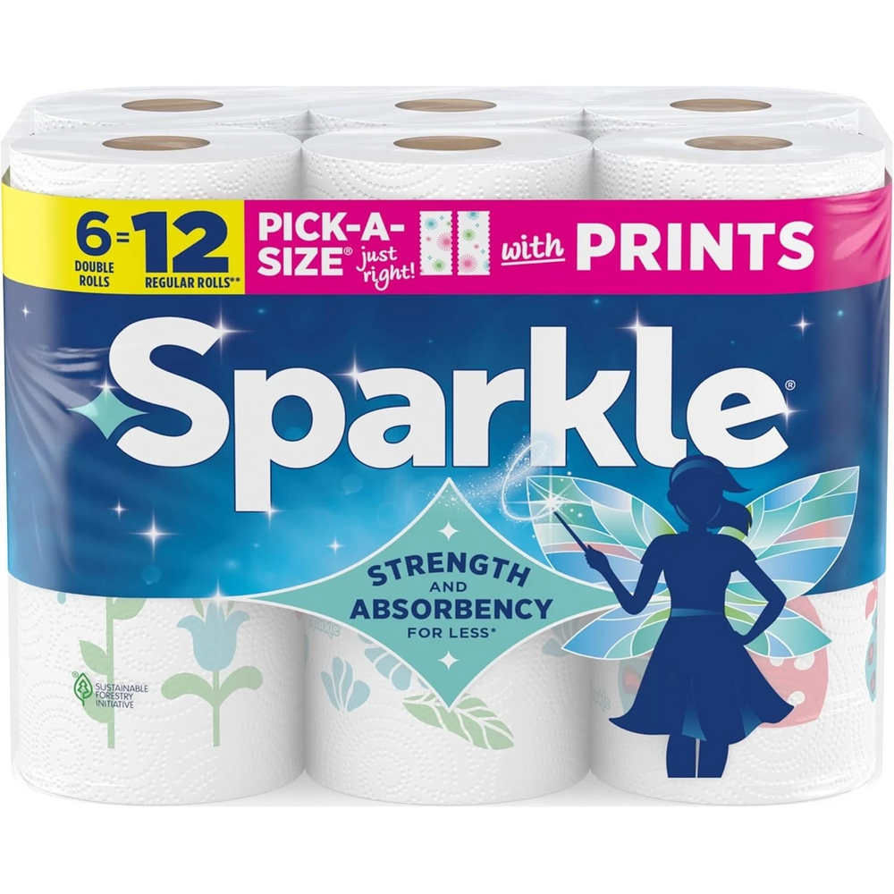 Sparkle Pick A Size Paper Towels Spirited Prints 6 Double Rolls, 12 Regular