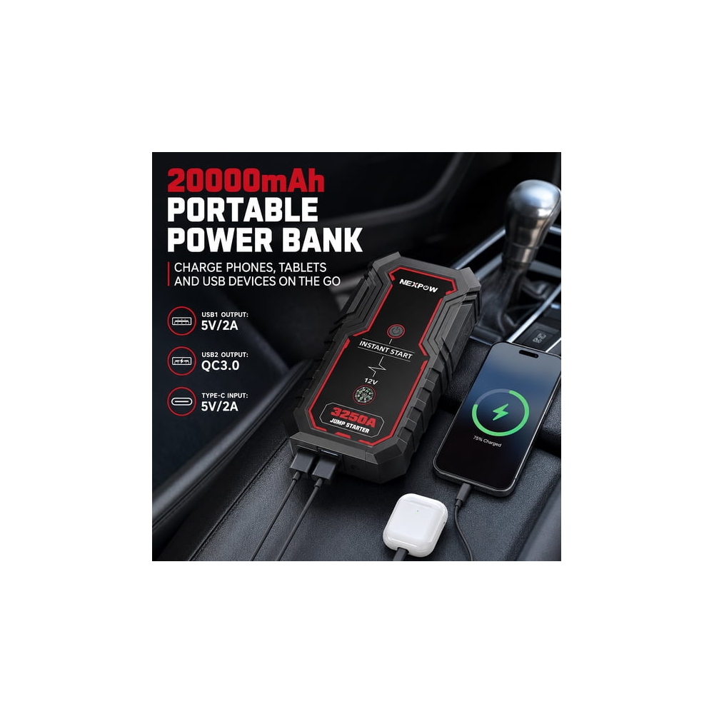 3250A Car Jump Starter 12V Battery Jump Box for 9.0L Gas6.5L Diesel Engines 20000mAh Battery Booster Pack Power Bank with LED Light