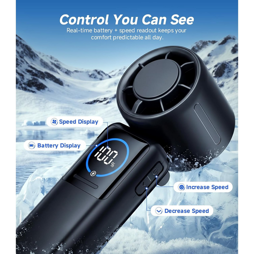 Portable Handheld Fan 8000mAh Rechargeable Personal Fan 100-Speed Wind Built-in Type-C Cable LED Display135° Tilt Foldable for DeskNeckTravel