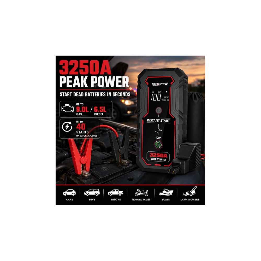 3250A Car Jump Starter 12V Battery Jump Box for 9.0L Gas6.5L Diesel Engines 20000mAh Battery Booster Pack Power Bank with LED Light
