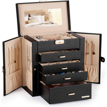 Homde Synthetic Leather Huge Jewelry Box Mirrored Watch Organizer Necklace Ring Earring Storage Lockable Gift Case