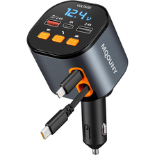 Retractable Car Charger, 5 in 1 Fast Car Phone Charger 90W, Bluetooth 5.3 FM Transmitter Adapter