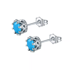 White Gold Plated Crown Stud Earrings 18K W/ Turquoise